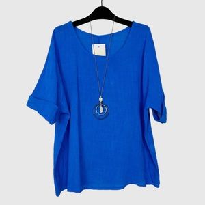 Made in Italy Cotton Linen Tunic Top With Necklace